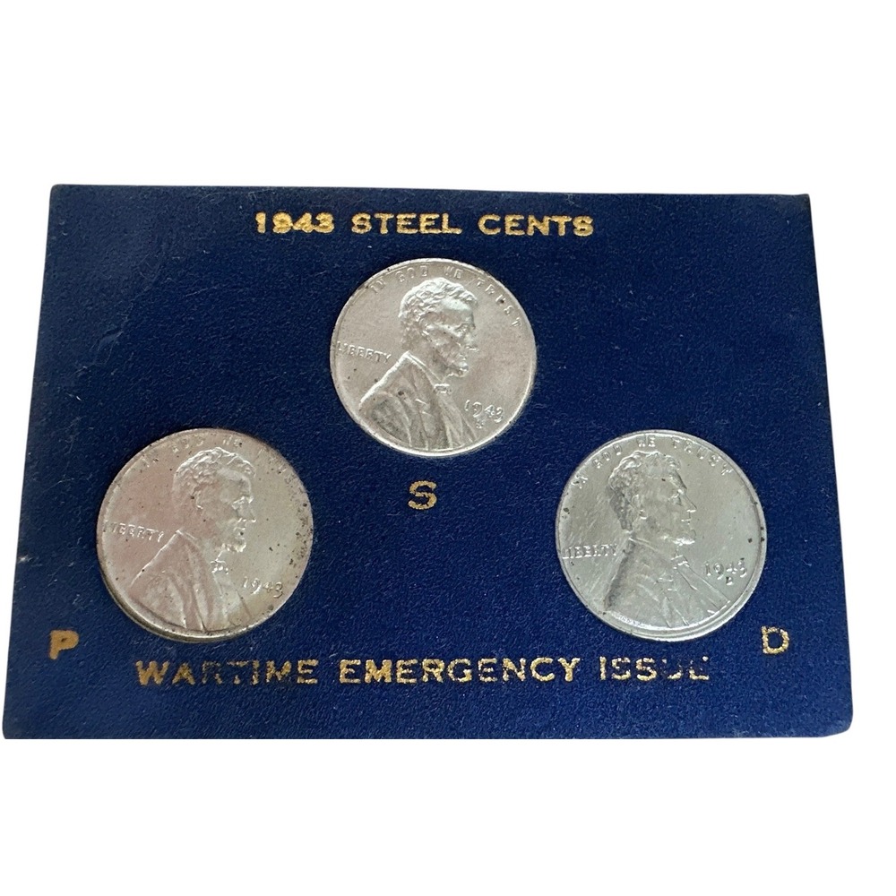 1943 Steel Cents Wartime Emergency Issue 3 Coin Set P S D Lincoln Wheat Pennies